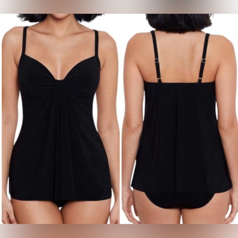 Miraclesuit NWOT Rock Solid Marina Underwire Tankini Top Black Size 10 Draped